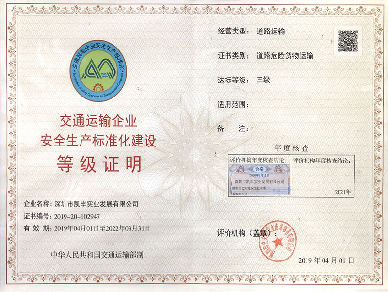 安全生产标准化等级证明书